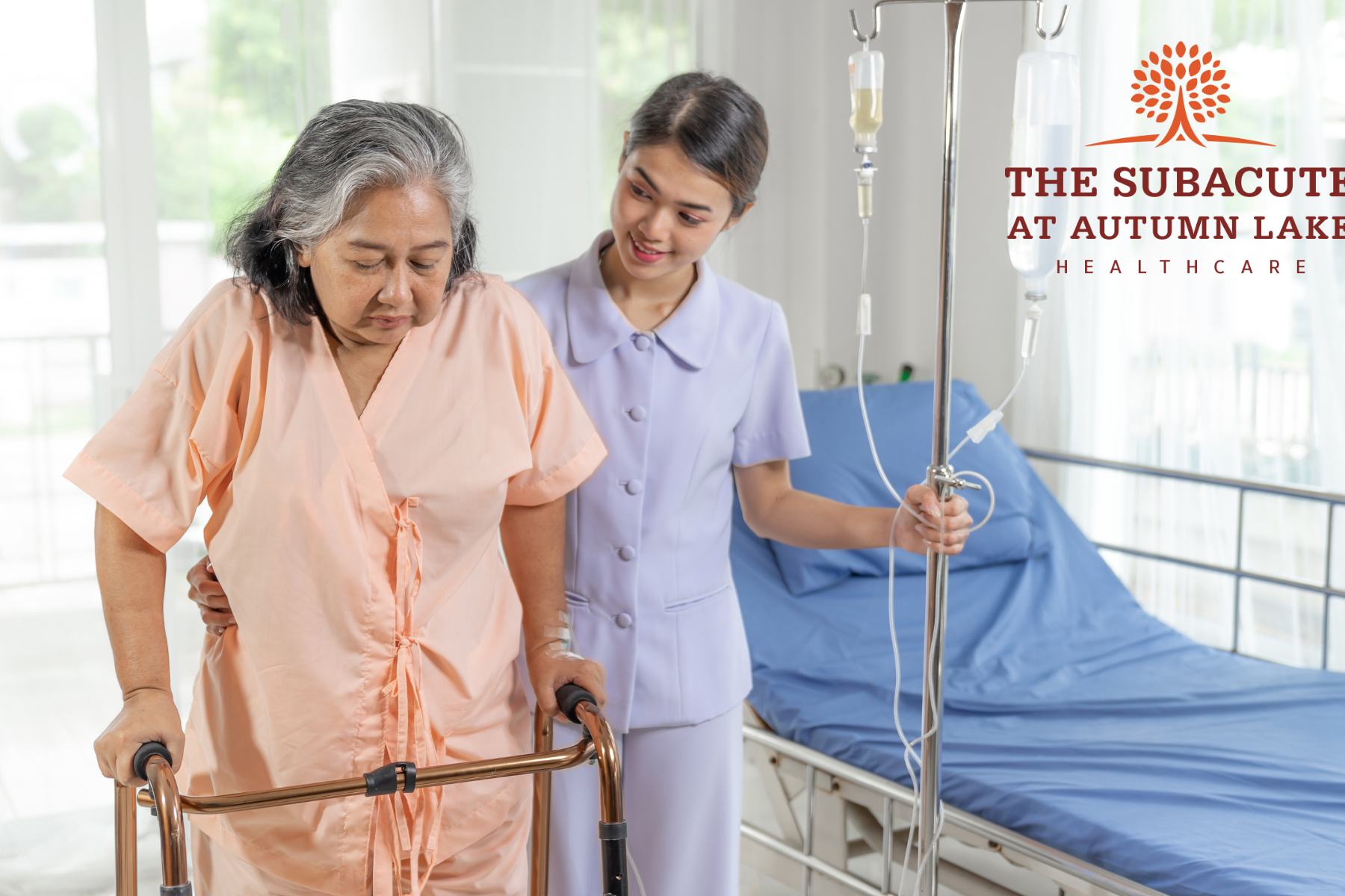 A nurse assists an elderly woman using a walker and an IV pole at The Subacute at Autumn Lake Healthcare.